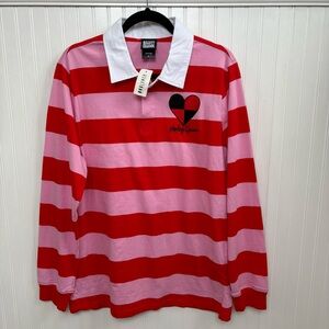Box Lunch Pink & Red Stripe Harley Quinn Embroidered Rugby Polo Size Large NEW